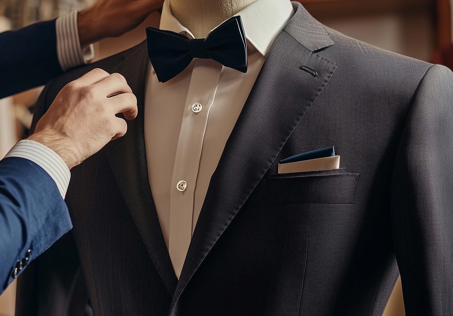 Designer Suit Tailor fitting a custom suit on a mannequin in a classic, elegant studio. Generative AI. A skilled tailor adjusts a stylish suit on a mannequin, showcasing attention to detail and elegance.